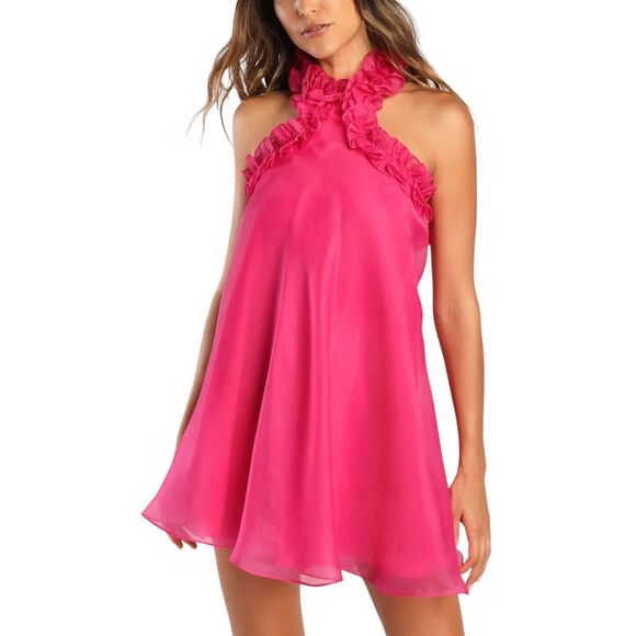 NWT Lulus Perfect Stunner Hot Pink Organza Ruffled Halter Cocktail Dress Womens - Picture 1 of 13